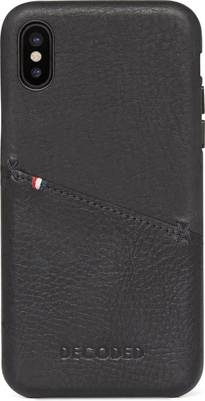 DECODED Back Cover iPhone Xs / X, Hoogwaardig Full-Grain Leer, Leren knoppen + Minimaal Design, Schokbestendig, Hoes voor iPhone Xs / X [ Zwart ]