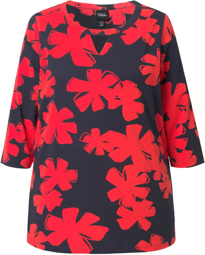 Ulla Popken - Dames - Shirt bloemen A-lijn ronde hals keyhole 3/4-mouwen - Paprikarood - Maat 42+