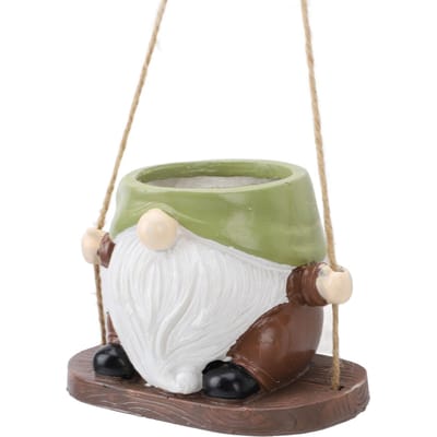 Pot de fleurs suspendu en résine, figurine de gnome sans visage mignonne, pour intérieur et extérieur, vert et marron. beige