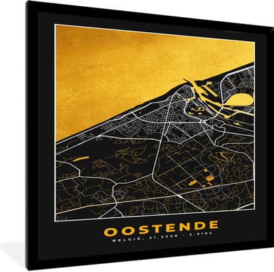 Fotolijst incl. Poster - Stadskaart - Oostende - Plattegrond - Goud - Kaart - 40x40 cm - Posterlijst