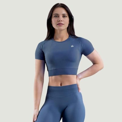 DV – Blauw – S – SportCrop – SculptWear – Dames – Korte Mouwen - Sport Shirt- Aansluitend, Ademend, Zweetafvoerend