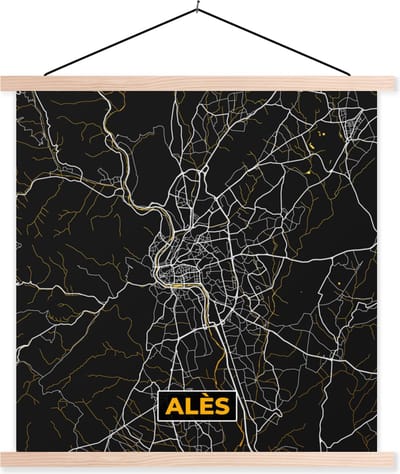 Posterhanger incl. Poster 40x40 cm - Schoolplaat - Plattegrond - Kaart - Alès - Frankrijk - Stadskaart - Textielposter - Blanke latten - Stadskaart