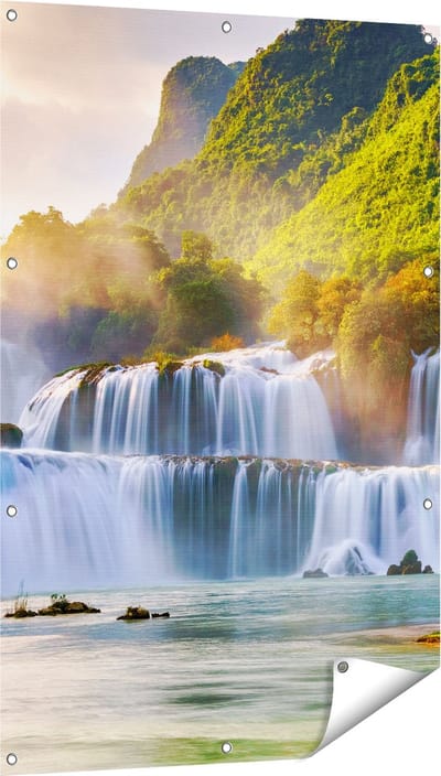 Gards Tuinposter Watervallen tussen de Bomen - 80x120 cm - Tuindoek - Tuindecoratie - Wanddecoratie buiten - Tuinschilderij