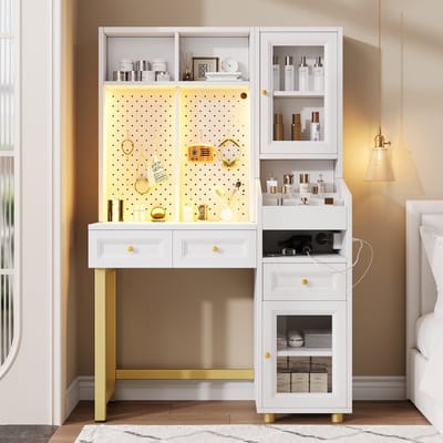 Sweiko Kaptafel - LED-verlichting - 5 haken - Inclusief stroomaansluiting - Dlazen deur - 3 lades - Wit
