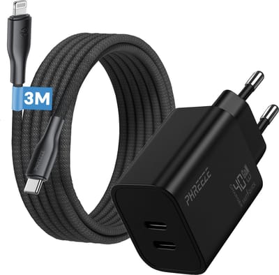 Phreeze usb C adapter geschikt voor iPhone - Geschikt voor usb C naar Lightning kabel 3 meter - Power Delivery oplader met 2 poorten - Snellader