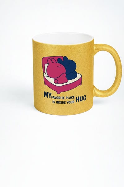 Gouden Glitter Mok "My Favorite Place is Inside Your Hug" | Lieve Knuffel Konijnen Beker | Romantisch Cadeau