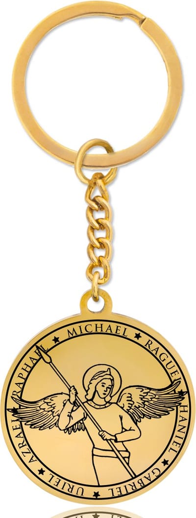 Beschermengel Michaël Sleutelhanger – Spiritueel Cadeau van Roestvrij Staal – Goudkleurig – Pax Amare