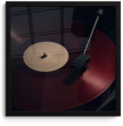 Poster in lijst - Fotolijst 40x40 cm - Posters - Vinylplaat - Rood - Platenspeler - Naald - Posterlijst zwart - Decoratie - Wanddecoratie woonkamer - Muurdecoratie slaapkamer