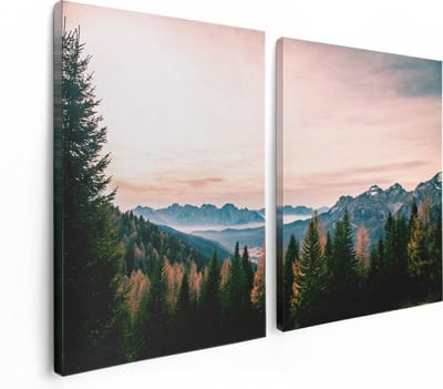 Artaza Canvas Schilderij Tweeluik Bos Met Bomen Bij Bergen Landschap - 120x80 - Foto Op Canvas - Canvas Print