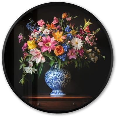 Poster in lijst Rond - Fotolijst 60x60 cm - Posters - Kleur - Vaas - Bloemen - Boeket - Ronde posterlijst zwart - Decoratie - Wanddecoratie woonkamer - Muurdecoratie slaapkamer