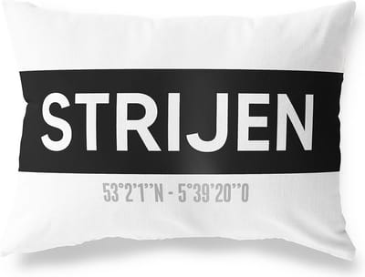 Tuinkussen STRIJEN - ZUID-HOLLAND met coördinaten - Buitenkussen - Bootkussen - Weerbestendig - Jouw Plaats - Studio216 - Modern - Zwart-Wit - 50x30cm