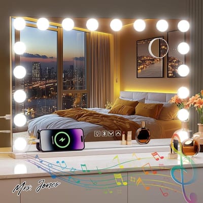 Mrs. Jones Hollywood spiegel met 15 ledlampen make-upspiegel 58 x 46 cm USB-uitgang 10 x vergrotende bluetooth-make-upspiegel 3 kleurtemperaturen schermspiegel .