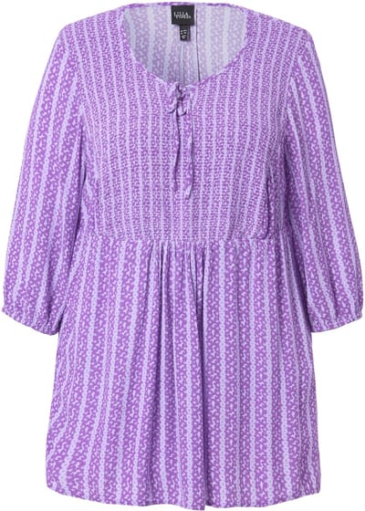 Ulla Popken - Dames - Gesmokte tuniek bloemen A-lijn ronde hals 3/4-mouwen - Purper - Maat 42+