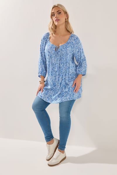 Yours Blauwe Paisley Top Met Pailletten En Strik Aan De Hals Size 46