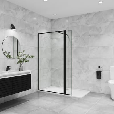 Inloopdouche-douchewand 140+40x195cm,8mm zwart raster gehard gezeefdrukt glas,makkelijk schoon te maken,antikalk,stabilisatiestang 90cm (kan worden gesneden),mat zwart aluminium profiel.