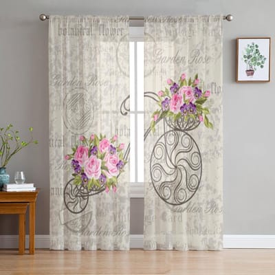 Vintage Kaart Fiets Roze Bloemen Transparante Gordijnen Voor Woonkamer Slaapkamer Tule Gordijnen Keuken Raambekleding Paneel Drapes 135W x 114H(cm) white