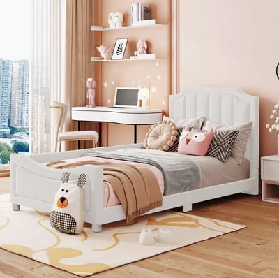 MEUNIQ kinderbed 90x200 cm met rugleuning, hoofd- en voetbord, 12 latten, flanel bekleding, bedframe voor slaapkamer of woonkamer, beige