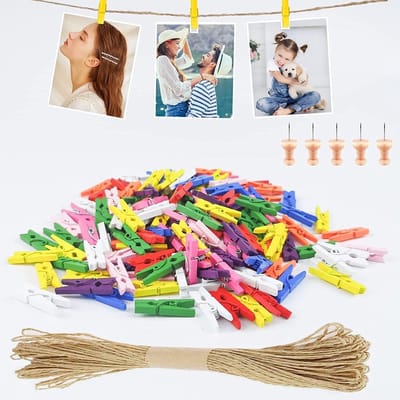 Kleurige mini houten knijpers van 2,5 cm, 10 meter jute touw en 5 naalden voor creatief knutselen en decoratie