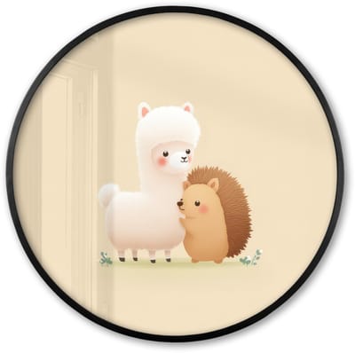 Poster in lijst Rond - Fotolijst 60x60 cm - Posters - Alpaca - Egel - Bruin - Knuffelen - Ronde posterlijst zwart - Decoratie - Wanddecoratie woonkamer - Muurdecoratie slaapkamer
