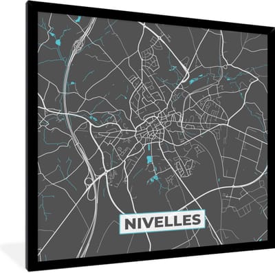 Fotolijst incl. Poster - Stadskaart – Grijs - Kaart – Nivelles – België – Plattegrond - 40x40 cm - Posterlijst