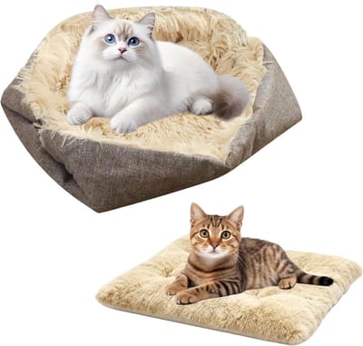 2-in-1 Kattenbed en Mat, Zacht en Warm Kussen voor Katten, Honden en Konijnen, Vouwbaar en Wasbaar, 61 x 51 cm, Ideaal voor Huisdieren