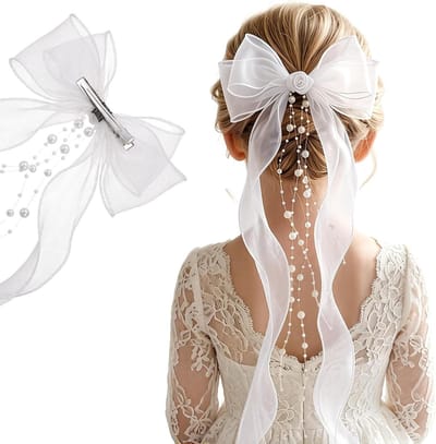 Haaraccessoires voor communie meisje - witte parel haarclip met organza strik - elegant hoofdaccessoire - ShopVlot
