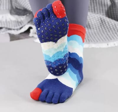 Dames teensokken anti-slip sokken - anti slip - teen sokken - toe socks - toesocks - blauw - wit - rood - print golven - 36 - 40 - cadeau - geschenk - Kerst cadeau - verjaardagscadeau - yoga - sport – giftbox
