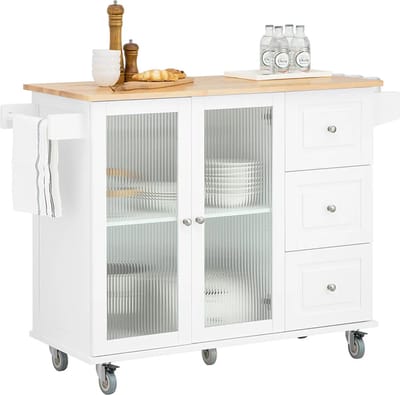 Keukeneiland - Verplaatsbaar - Keukenkast - Dressoir - Organizer - Kasten - Houten Werkblad - Lade - Wit