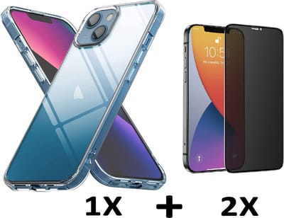 HB Hoesje Geschikt voor Apple iPhone 13 - Transparant + 2X Privacy Glazen Screenprotector - Siliconen Back Cover