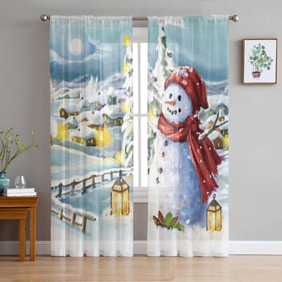 Winter Sneeuwvlok Sneeuwman Transparante Gordijnen Voor Kinder Slaapkamer Woonkamer Voile Gordijnen Kerstmis Keuken Tule Gordijn 135W x 114H(cm) white