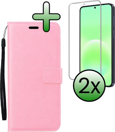 Hoesje Met 2x Screenprotector - Geschikt voor Samsung Galaxy A57 - Luxe Pasjeshouder - Bookcase Portemonee - Flip Case - Kunstleer Book Case - Flipcase Hoes - Book Cover - Walletcase - Portemonneehoes - Lichtroze