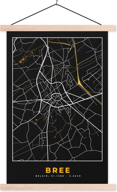 Posterhanger incl. Poster 40x60 cm - Schoolplaat - Bree - Gold - Stadskaart - Plattegrond - Kaart - Textielposter - Blanke latten - Stadskaart