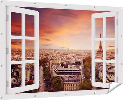 Gards Tuinposter Doorkijk Skyline Parijs met Eiffeltoren - 180x120 cm - Tuindoek - Tuindecoratie - Wanddecoratie buiten - Tuinschilderij