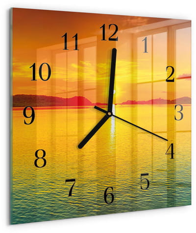 Tulup Wandklok - Zonsondergang Klok Glas Met Opdruk - 30x30 cm - Oranje Moderne Wandklok Glas - Zwarte Handen - Vierkante Wandklok - Glazen Wandklok Design - Klok Glas Met Opdruk