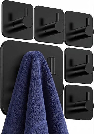 Livatto Zelfklevende wandhaken zonder boren - set van 6 zwarte handdoekhaken, extra sterk, waterdicht, klassiek design