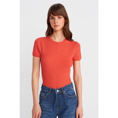 Geribbelde Korte Mouwen Knopblouse