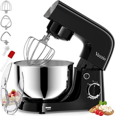 Vezzio Blender, 4,5 liter, 1500 W, 10 snelheden, keukenmachine om te bakken (zilver) (zwart)