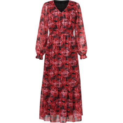 Smashed Lemon Lippenprint chiffon maxi jurk in rood en zwart |