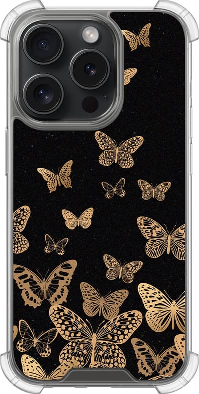 Shockproof hoesje - Geschikt voor iPhone 15 Pro - Vlinders - Extra sterke case - TPU/polycarbonaat - Print / Illustratie - Goud, Transparant