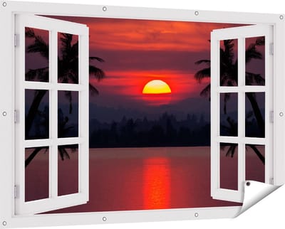 Gards Tuinposter Doorkijk Zonsondergang op het Strand met Palmbomen - 150x100 cm - Tuindoek - Tuindecoratie - Wanddecoratie buiten - Tuinschilderij