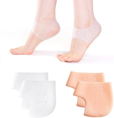 2 Paar Siliconen Hielbeschermers Sokken, Silicone Hiel Bescherming Ademend Hielbescherming Schoenen Ter Bescherming Van de Achtervoet, Verlicht Pijn Bij Droge Voeten (Wit, Beige)