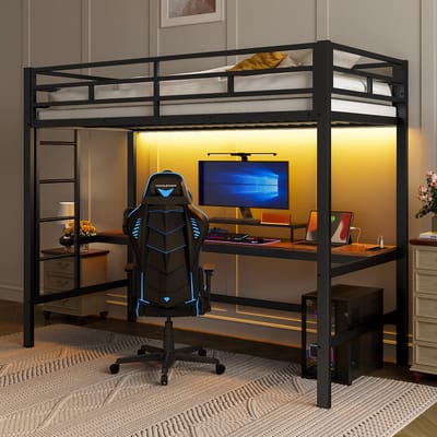 Hoogslaper - 90x200 cm - tafel met USB en stopcontact - met LED-verlichting - zonder matras - metaal - zwart