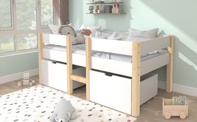 Kinderbed 90x190 Met Lades Massief Hout Valbeveiliging Wit Eiken Stevig Bed