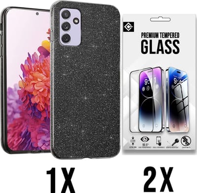 Casemania Hoesje Geschikt voor Samsung Galaxy A15 - Zwart - 2X Glazen Screenprotector - Glitter Back Cover