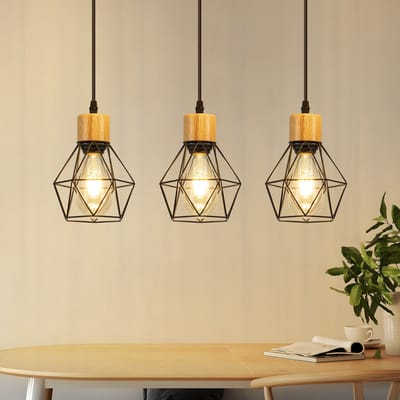 NETTLIFE E27 Vintage Hanglamp - Retro Houten En Metalen Hanglamp - 3 Lichts - Industrieel Design - Zwart - Voor Eetkamer Woonkamer Keuken - Zonder Lamp