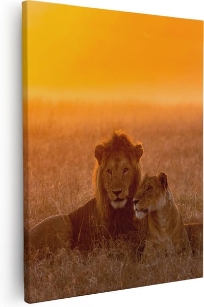 Artaza Canvas Schilderij Leeuw En Leeuwin - 40x50 cm - Muurdecoratie Dieren - Wanddecoratie Zonsondergang - Kamer Accessoires Savanne