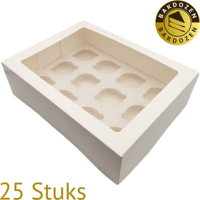 Bakdozen.nl Cupcake Doos voor 12 Cupcakes - Wit - Met Tray en Venster - 25 Stuks - 34 x 26 x 10 cm