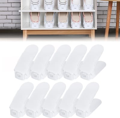 NAIZY 10 Stukken Reguleringbare Schoenzitsen Van PP Anti-Ritsel Schoenkasten Reguleringbare Hoogte Schoentakelaars Ruimtesparend Schoenenorganizer Set Huishouden Schoenenbehoud Dubbele Laag Schoenenhouder (Wit)