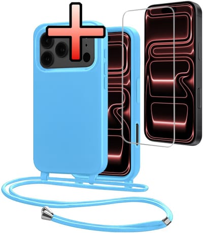Hoes Geschikt voor iPhone 17 Pro Met Telefoonkoord Met Screenprotector - Siliconen Hoesje Backcover Met Ketting - Lichtblauw