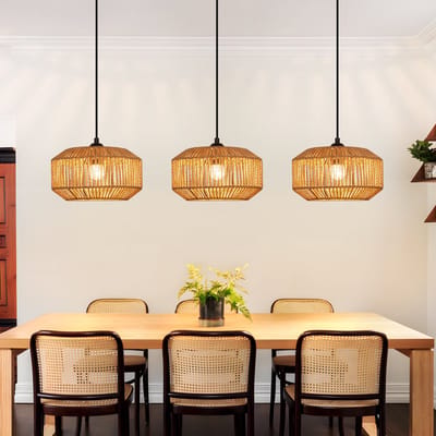 NETTLIFE E27 Hanglamp - Boho Rotan - 3-lichts - In hoogte verstelbaar - Retro Design - Voor Eetkamer Eettafel Slaapkamer Woonkamer - Zonder lamp